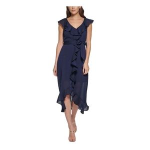 DKNY Womens Navy Ruffled Textured Zippered Self Tie Sash Hi-Lo Dress